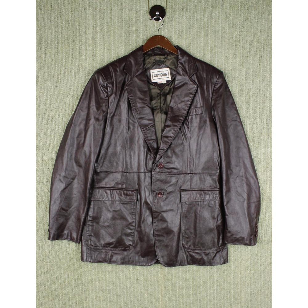 Vintage 80s Mens Brown Genuine Leather Blazer Jacket Size 44 Long 2 Button